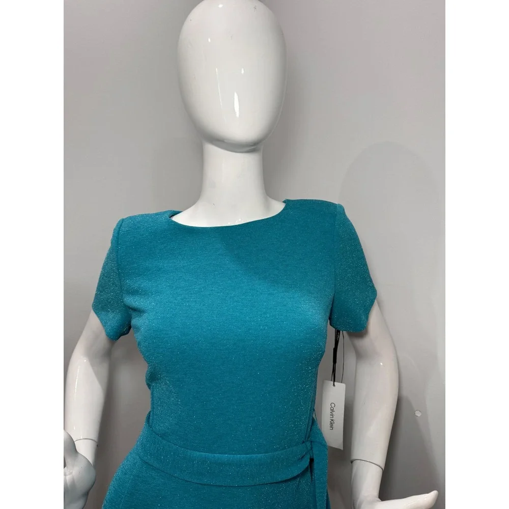 Calvin Klein Teal Shimmer Faux Wrap Ruffle‎ Cocktail Dress Size 6